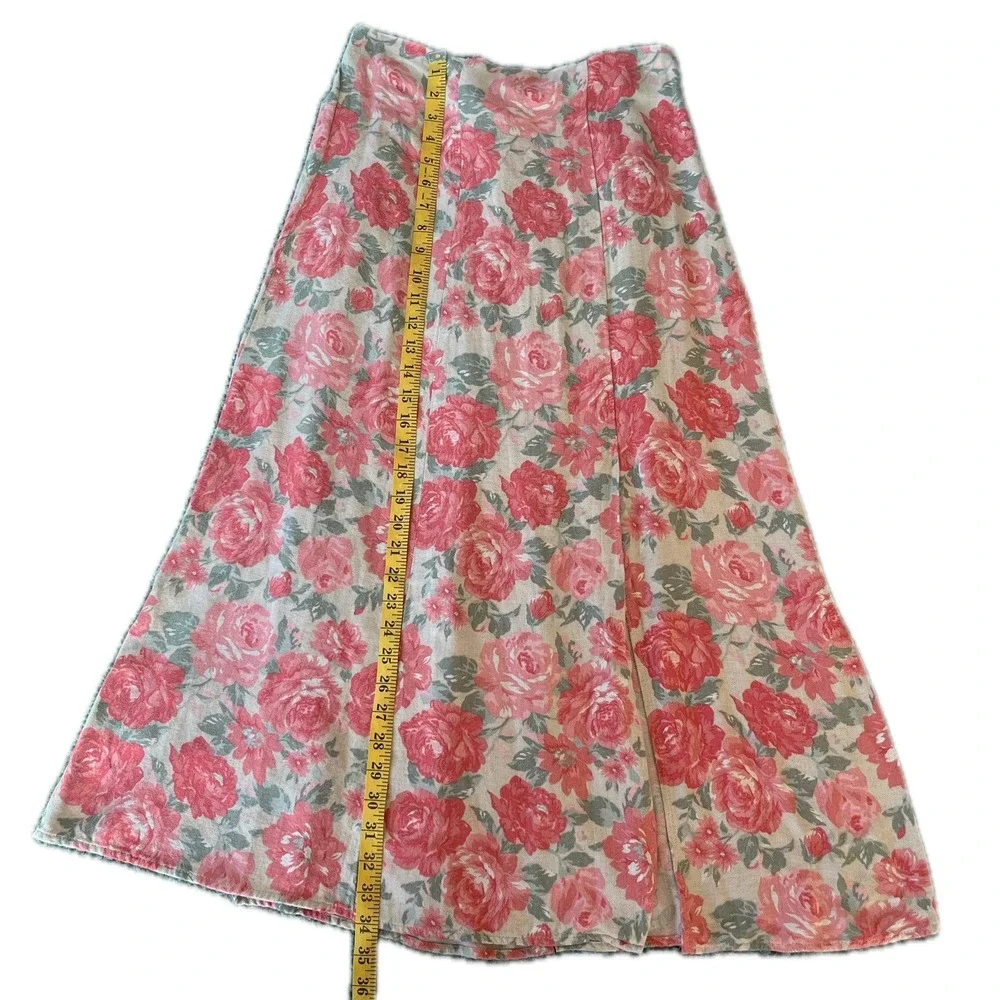 Vintage Floral Maxi Skirt Sz L Pink Rose Rayon A-Line Prarie Western Boho Fall